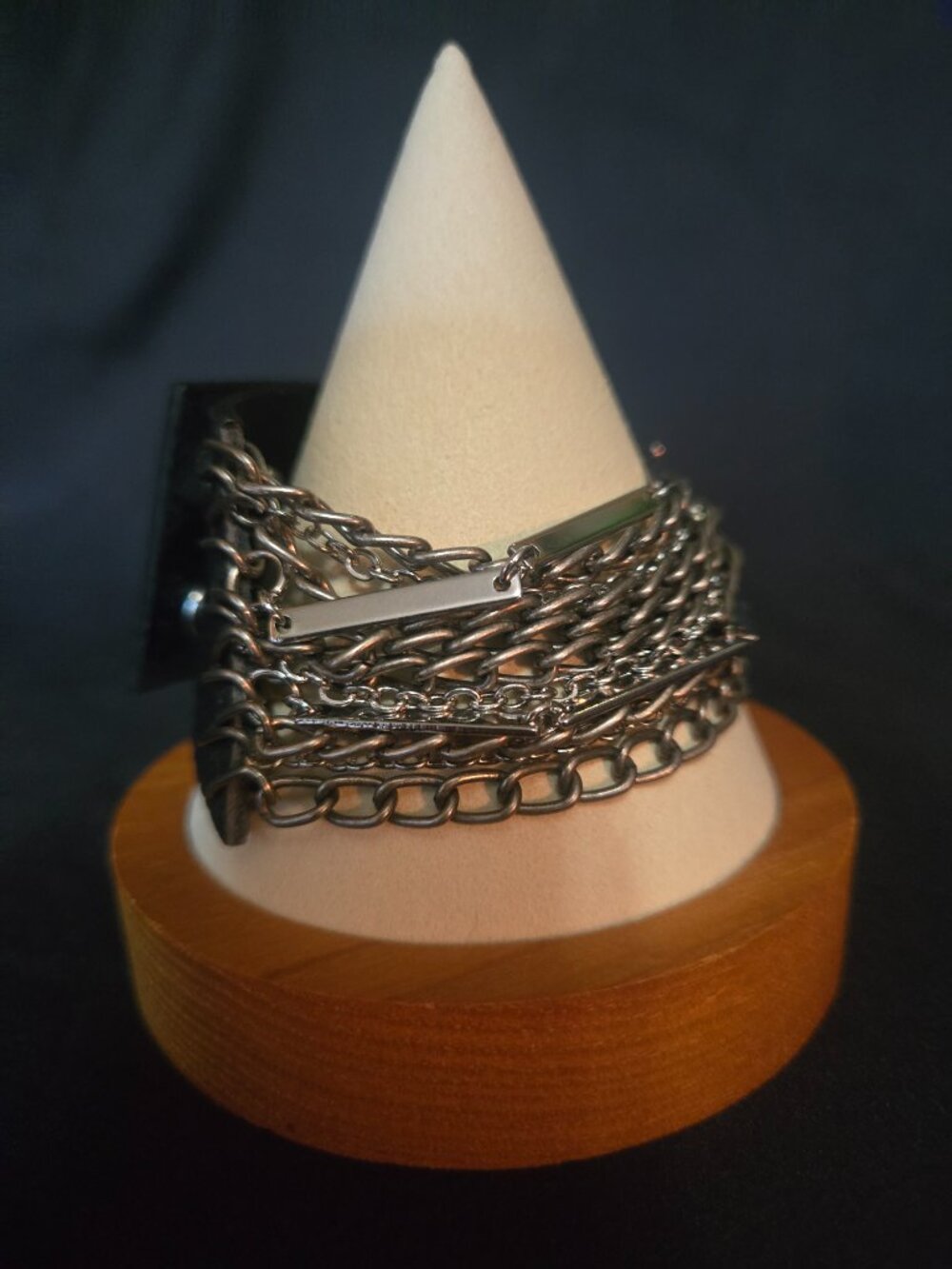White House Black Market Genuine Leather Multi-Chain Statement Cuff Bracelet - Picture 5 of 8